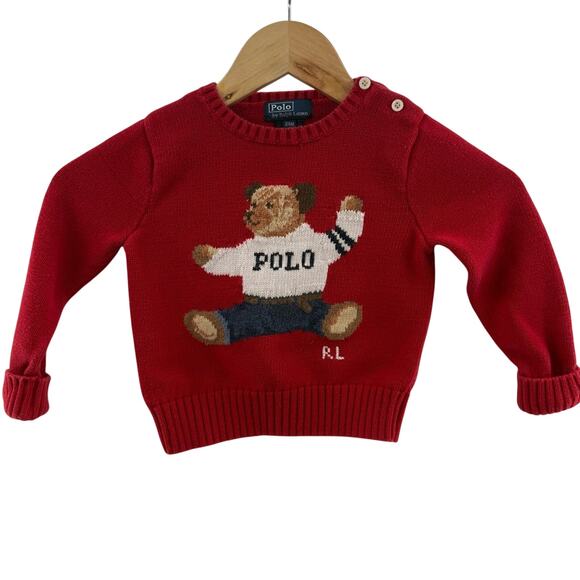 Polo Ralph Lauren Other - Vintage 90’s Polo Ralph Lauren Teddy Bear Sweater Red 100% Cotton Size 24 Months